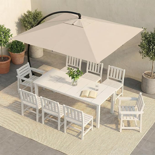9-Pc Outdoor Dining Set, 10x10FT Cantilever Umbrella for 8,White | HDPE table, chairs included, aluminum frame, weather-resistant furniture, perfect for yard, lawn, garden, deck