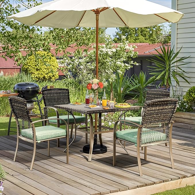Pamapic 5 Piece Patio Dining Set, Green, Weather Resistant PE Rattan Table and Chairs, Comfortable Cushions, Easy Maintenance