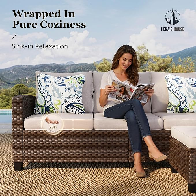 HERA'S HOUSE Small Patio Furniture Set, 3 Pieces Wicker Outdoor Sectional Set, L-Shaped Patio Couch Set, Modular Rattan Conversation Set with Lounge Sofa and Ottomans for Deck Lawn Garden, Beige