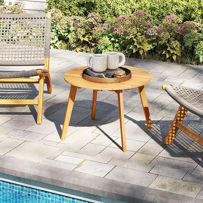 HAPPYGRILL Acacia Wood Patio Bistro Side Table, Outdoor Round End Table with Slatted Tabletop, for Backyard Poolside Garden, 24.5 Inch (2)