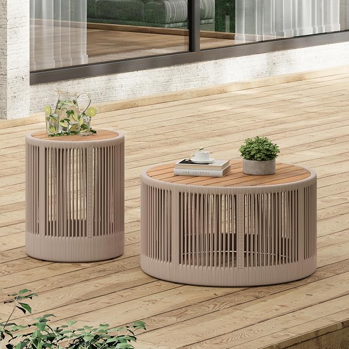 IRONORA 2 Piece Nesting Round Patio Table Set, Solid Acacia Wood Top Beige Hand-Woven Rope Drum Coffee & Side Table, Weather Resistant Hollow Accent Tables for Balcony Backyard Coastal Boho Decor