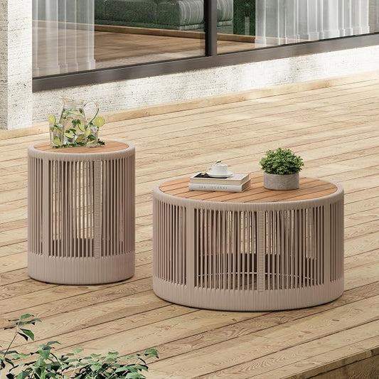 Christopher Knight Home Peyz Acacia Wood Outdoor Side Table Set of 2 with Woven Rope Design, Patio Round Coffee Table Set with Small Side Desk, Functionality Stylish 2 Tables for Garden, Teak + Beige