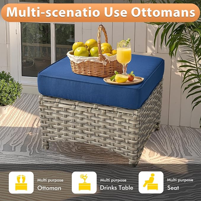 9 PCS Outdoor Patio Furniture Sets,Patio Conversation Sets Outside Rattan Soft Cushion Sofa with 2 Wicker Rocking Chairs & 54 in Fire Pit Table Fit Backyard Porch Garden Poolside Balcony,Navy Blue