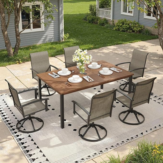 7 Pieces Patio Dining Set, Outdoor Furniture of 63" Rectangular Patio Table and Patio Swivel Chairs for Backyard Lawn Garden, Walnut Table and Mixed Brown Chairs
