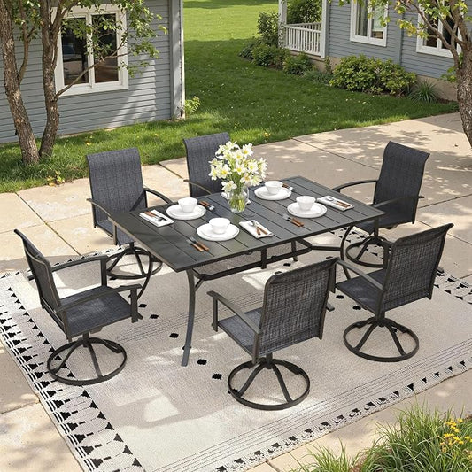 7 Pieces Patio Dining Set, Outdoor Furniture of 59.2" Rectangular Patio Table and Patio Swivel Chairs for Backyard Lawn Garden, Black Table and Black Chairs