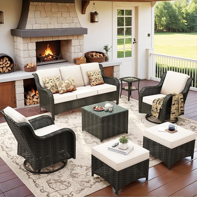 ovios 7 Pieces Patio Furniture Set with Swivel Rocking Chairs, Outdoor Wicker Sofa Couch Glass Coffee Table, All Weather High Back Modern Conversation Set, Brown Rattan, Beige