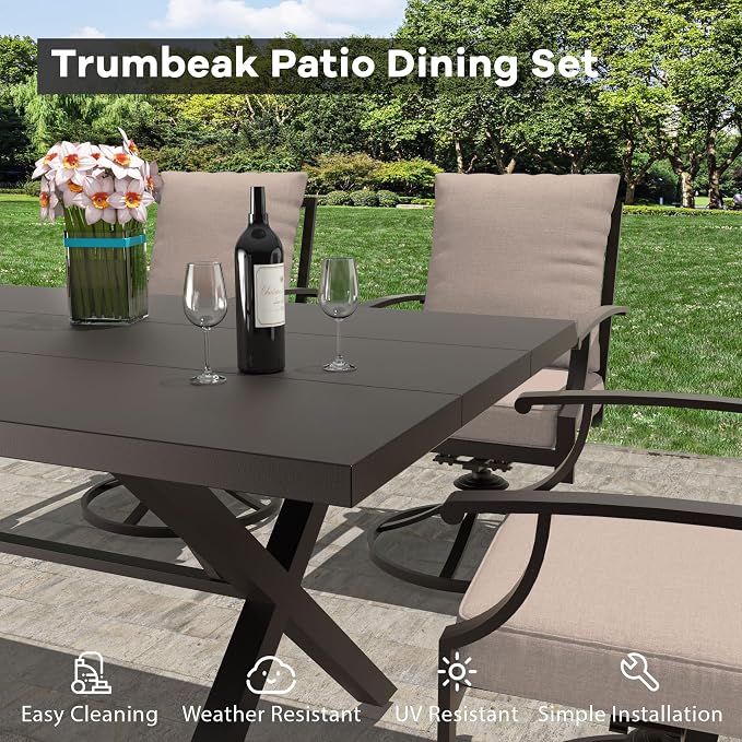 7-Piece Patio Dining Set Outdoor Conversation Set,Metal Outdoor Furniture Set with Umbrella Hole Cut-Out 78.7" x 35.4" Table and 6 Metal Backrest Swivel Chairs for Backyard,Garden,Sand