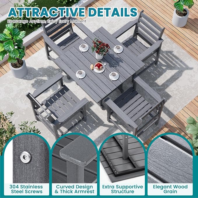 Outdoor HDPE Dining Table Set, 5-Piece All-Weather HDPE Outdoor Table and Chairs with Elegant Armrest, Wood Grain Patio Furniture Sets with Umbrella Hole for Porch, Backyard, Gray