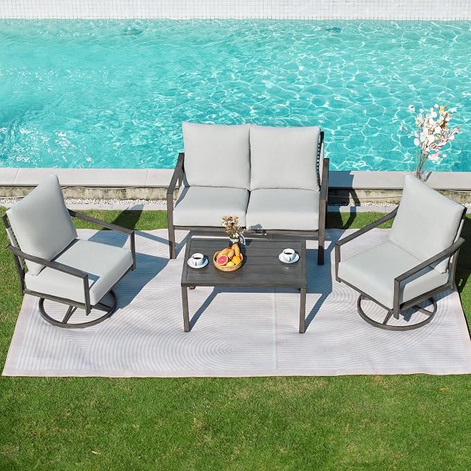 NATURAL EXPRESSIONS Patio Furniture Set,4 Piece Outdoor Conversation Metal Swivel Rocking Chairs Set with Hand-Woven Rope High Back,Sturdy Hand Brushed Wood Grain Finish Frame,6" Cushions for Yard