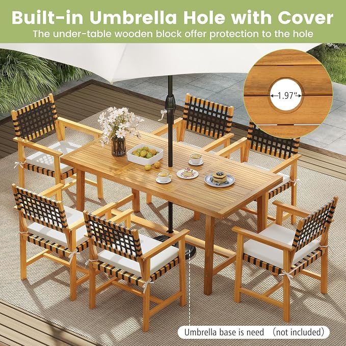 HAPPYGRILL Outdoor Acacia Wood Dining Table 63”, Patio Wooden Table for 6, with Slatted Tabletop, 1.97” Umbrella Hole & Cover, for Backyard, Deck, Porch