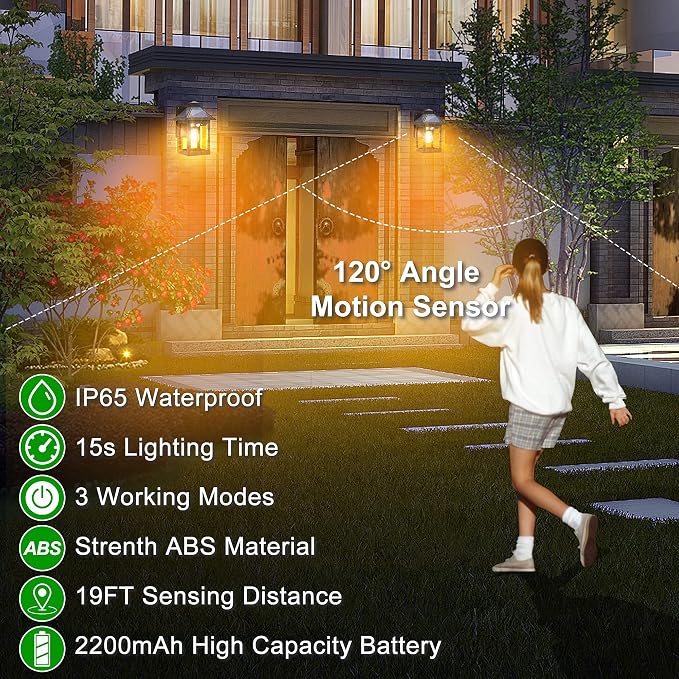 2 Pack Solar Wall Lanterns Outdoor with 3 Modes, Dusk to Dawn Motion Sensor | LED Sconce Lights IP65 Waterproof, Exterior Front Porch Security Lamps Wall Mount Patio Fence Garage Decorative