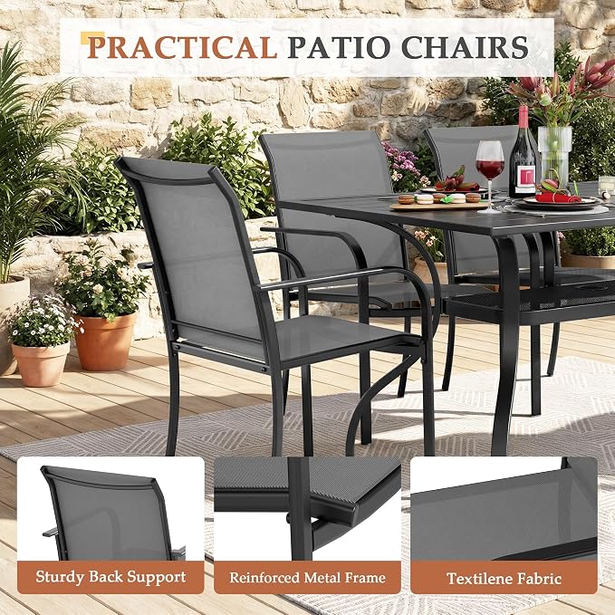 Crownland 7-Piece Outdoor Dining Set, Patio Textilene Dining Sets, 6 Metal Textilene Chairs and Rectangular Outdoor Dining Table with 1.57" Umbrella Hole(Grey)