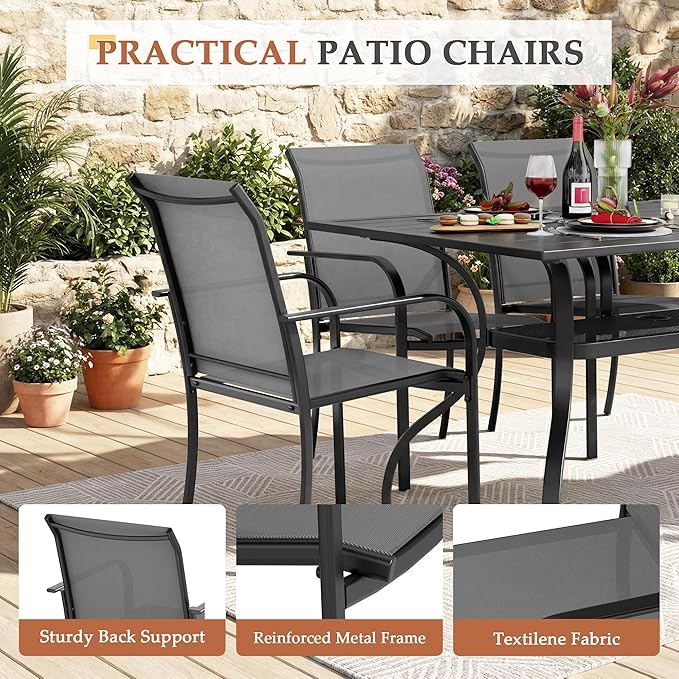 Crownland 7 Piece Patio Dining Set, Textilene Dining Sets, 6 Textilene Metal Chairs and Rectangular Outdoor Dining Table with Sky Blue 9FT Round Outdoor Umbrella (Grey)