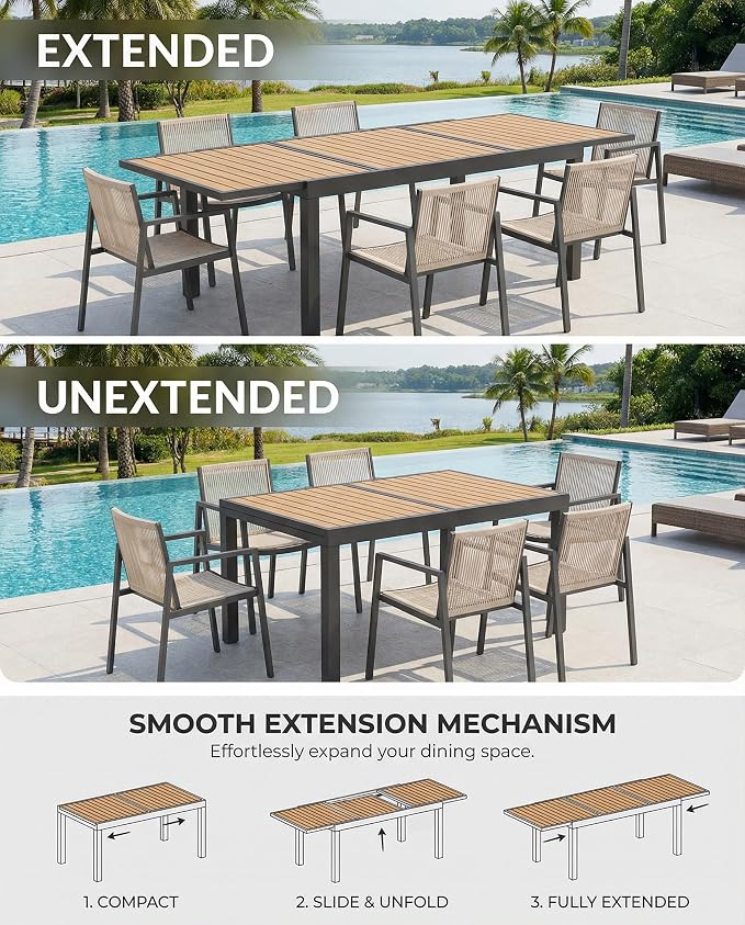 ZANDOR Expandable Outdoor Dining Set for 4-6-8,Patio Table and Chairs Set with Wood Top for Garden,Backyard,Porch,55"-82.7" Extendable Aluminum Outdoor Table Set with 4 Chairs,Grey
