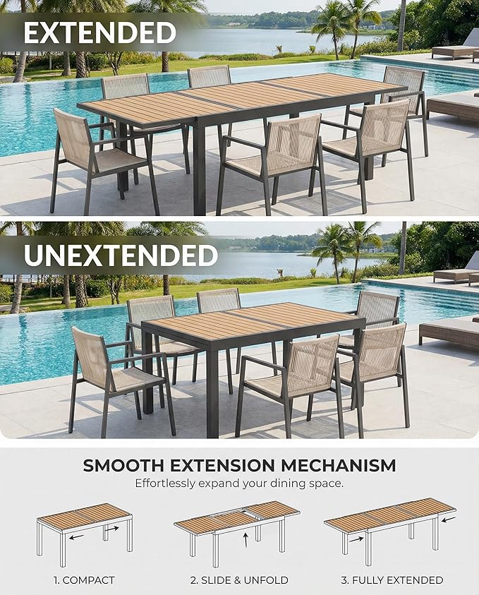 ZANDOR Expandable Patio Dining Table for 4-8 People, Aluminum Outdoor Square Table(55"-82.7") with Safety Lock,Adjustable Height-Wood Grain for Backyard,Garden,Porch, Yard,Poolside,Grey