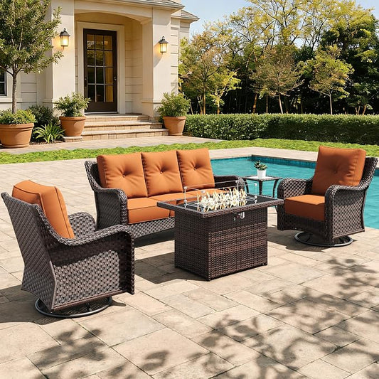 5 Pieces Outdoor Furniture Set with 6-inch Cushions, High Back Wicker Swivel Rocker Chairs with Fire Pit Table, Luxury Conversation Set for Deck Patio and Poolside