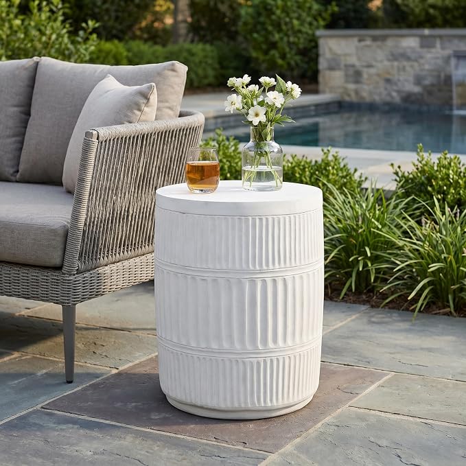 Concrete Patio Side Table, Fluted, Antique White