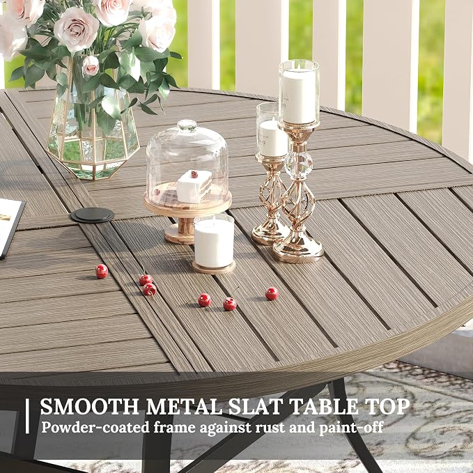 VICLLAX Patio Dining Set for 8, 8 Seats Outdoor Furniture Includes 59.9" Round Patio Table and Swivel Padded Chairs, Grey Wood Grain Tabletop and Sandshell Fabric