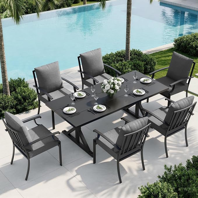 7 Piece Outdoor Dining Set for 6, Metal Patio Table and Chairs with Cushions, Patio Furniture Set with 6 Stackable Chairs, Rectangular Metal Dining Table with Umbrella Hole, Lawn Deck Yard-Grey