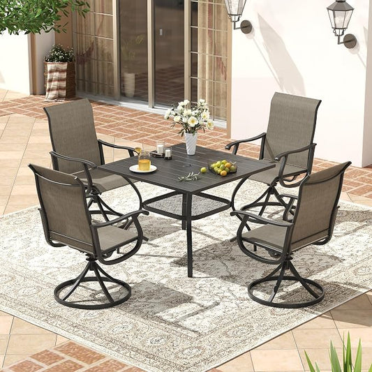 VICLLAX 5 Pieces Outdoor Patio Dining Set for 4, 38" Square Metal Dining Table with Umbrella Hole and 4 Swivel Textilene Chairs for Lawn, Garden, Porch, Black/Brown