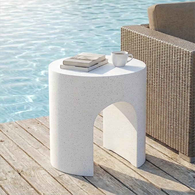 SUNBURY Outdoor Side Table, 16" W Concrete End Table w Arch Shape, Round Cement Accent Table Lightweight for Patio, Modern Decorative Garden Stool for Patio, Backyard, Spotted White