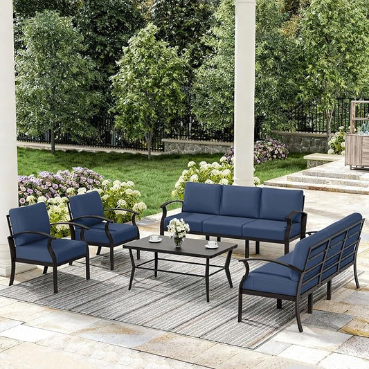 ALAULM Aluminum Patio Furniture Set with Coffee Table Rectangular, 8-seat Outdoor Sectional Furniture w/5.1" Cushions, Patio Conversation Set for Porch, Backyard, Poolside-Dark Blue