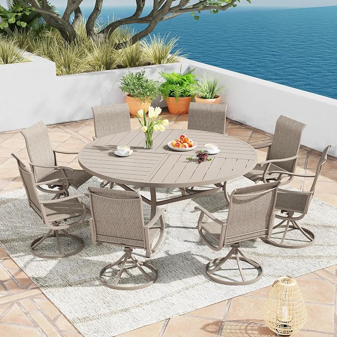 Patio Dining Table for 8-10, Round Metal Outdoor Table with Storage Shelf, 1.57" Umbrella Hole, 60" Outdoor Quartered Tabletop Dining Table for Backyard, Porch, Lawn, Sand