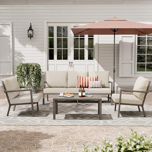 HAPPATIO Aluminum Patio Furniture Set, 4 Pieces Conversation Set with Thick Cushions and Coffee Table, All Weather 3-Seat Sofa Waterproof and Rustproof for Garden, Backyard, Porch, Grey