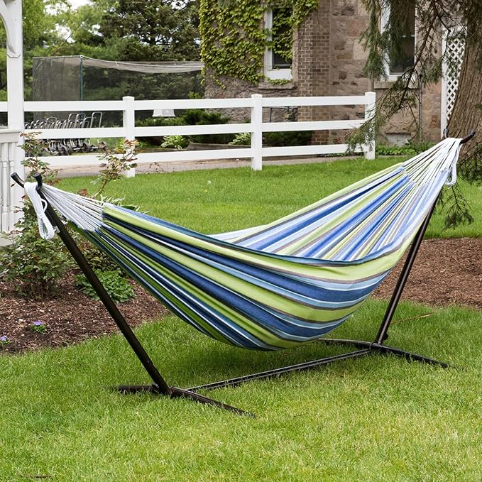 Vivere Double Cotton Hammock with Space Saving Steel Stand, Upgraded Polyester End Strings 450 lb Capacity - Premium Carry Bag Included (Oasis)