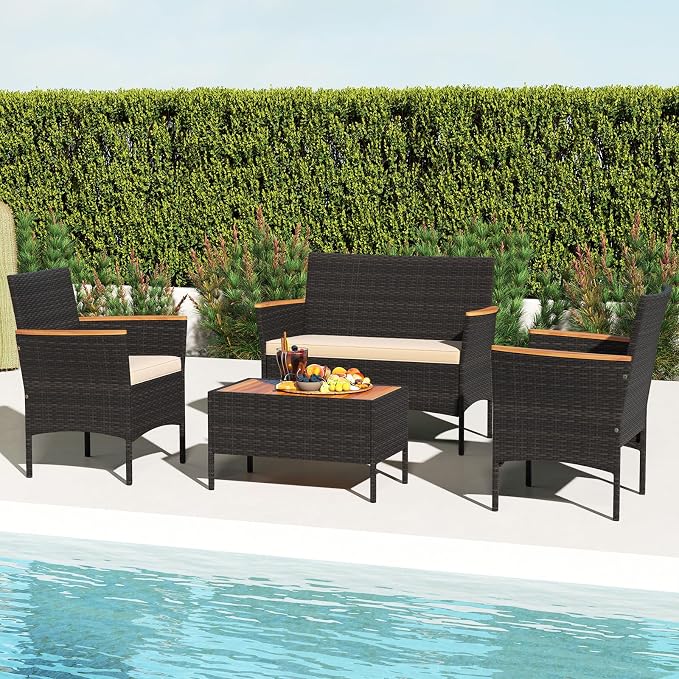 Tangkula 4 Pieces Patio Wicker Sofa Set, 2 Rattan Chairs & Loveseat w/Coffee Table, Acacia Wood Armrests & Tabletop, Outdoor Cushioned Conversation Set for Backyard, Poolside (Beige, 4 Pieces)