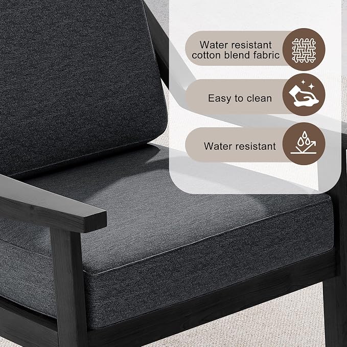 Outdoor Patio Furniture Set, 3 Piece Patio Conversation Sets with Washable Thick Cushions, All-Weather Solid Wood Patio Bistro Set for Porch, Balcony, Black Frame & Dark Gray Cushion
