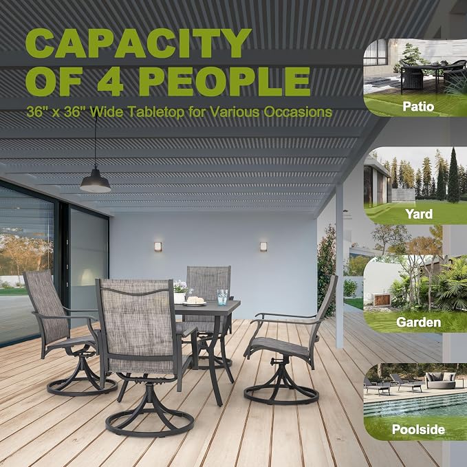 NUU GARDEN 5 Piece Outdoor Dining Set, Aluminum Patio Dining Table with 1.97" Umbrella Hole and 4 Textilene Swivel Chairs, Weather-Resistant Patio Furniture for Garden Backyard, Brown and Black