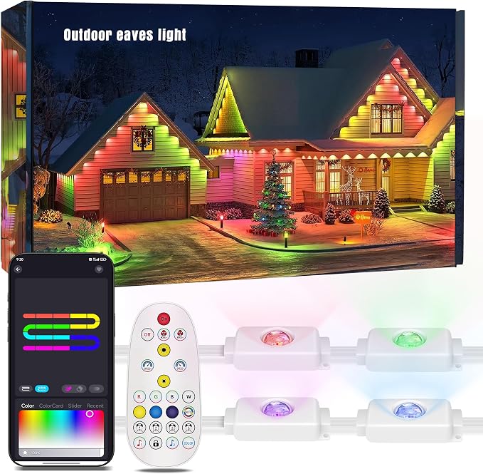 50FT Permanent Outdoor Lights with 30 Smart RGB LED Eave Lights, APP/Remote Control, IP67 Waterproof for House Roof, Eave, Garden, Outdoor Decorations, Christmas, Party Decor