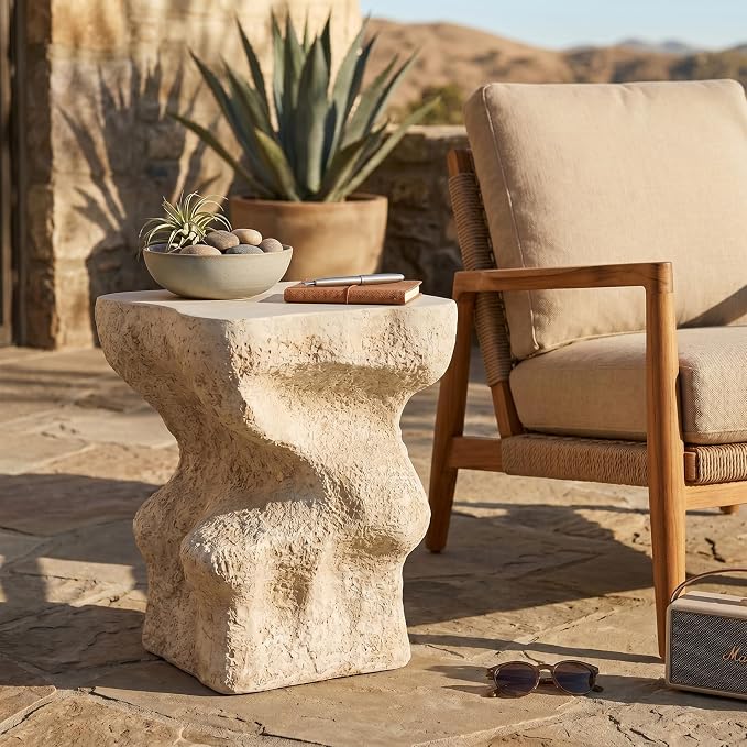 Christopher Knight Home Naomi MGO Outdoor Side Table with Abstract Wavy Design, Square Accent Table with Stone-Like Texture, Weather Resistant Small End Table for Indoor/Outdoor Usage, Beige