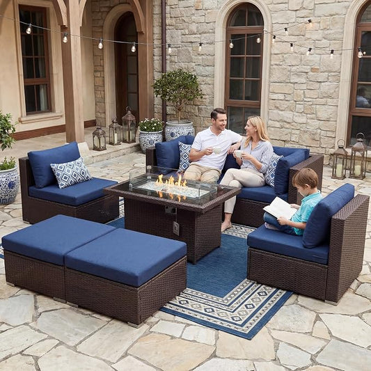 BULEXYARD 7 Pcs High Back Patio Furniture Set with Fire Pit Table Propane/Natural Gas Dual Fuel, Durable Outdoor Sectional Couch, Cozy Backyard Seating for Exterior, Brown Wicker & Navy Blue Cushion