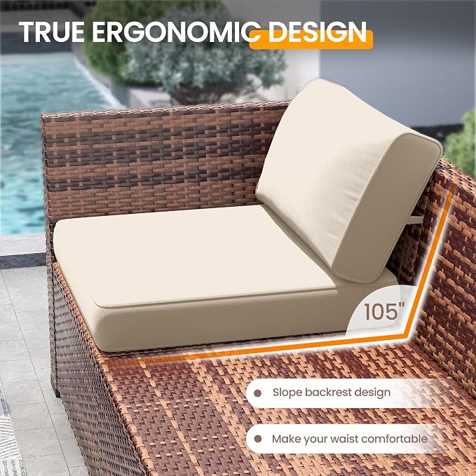 UDPATIO Patio Furniture Set with 44'' Fire Pit Table, 8 PCS Outdoor Sectional Furniture Sets, Slanted Back Outdoor Conversation Set PE Rattan Sofa for Porch W/Coffee Table,Khaki