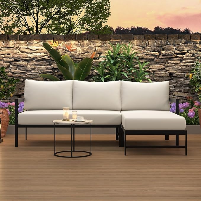 JIVOIT Outdoor L-Shaped Sofa with Iron Frame, Metal Patio Sofa Set with Ultra-Thick Cushions, Comfortable Seating for 3, Ideal for Patio, Balcony and Garden (Beige/35)
