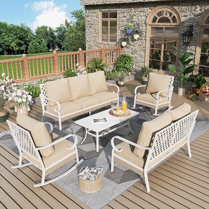 MIXPATIO 5 Piece Patio Furniture Set, 2 x Rocking Chair, 1 x 2-Seat Sofa, 1 x 3-Seat Sofa with Marbling Coffee Table, All Cushioned 7 Seats Outdoor Conversation Set, Beige