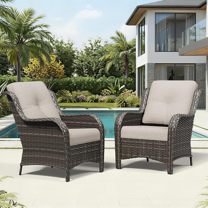 Joyside Patio Chairs Set of 2, Wicker Patio Furniture with High Back, Deep Seating, Wide Armrest, Thickened Cushions, Outdoor Rattan Furniture for Deck, Porch Use