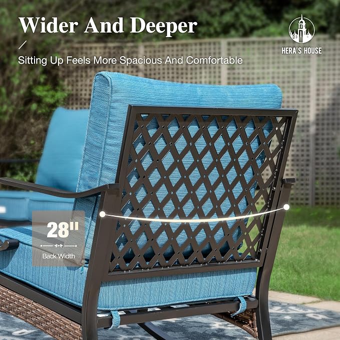 HERA'S HOUSE 4 Piece Metal Patio Furniture Set, All Weather Outdoor Conversation Set with 3 Seat Sofa, 2 x Cushioned Fixed Chairs & Coffee Table, Seats 5 for Backyard, Garden, Deck, Pacific Blue