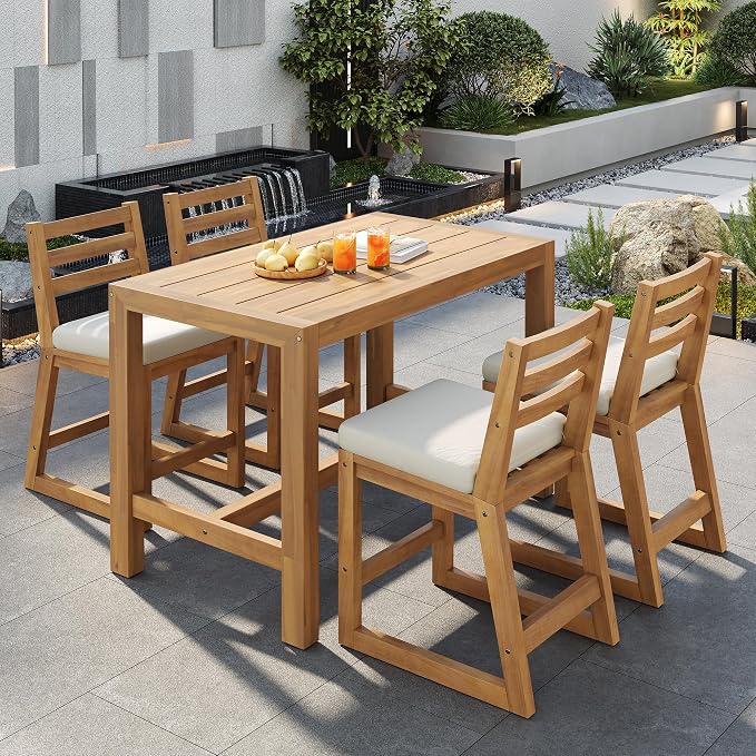 WILLIAMSPACE 51.9" 5-Piece Outdoor Bar Table Set, Patio Acacia Wood Bar Height Table & 4 Chairs with Cushions, Solid Wood Outdoor Dining Bistro Bar Set for Poolside, Balcony, Backyard (Light Teak)