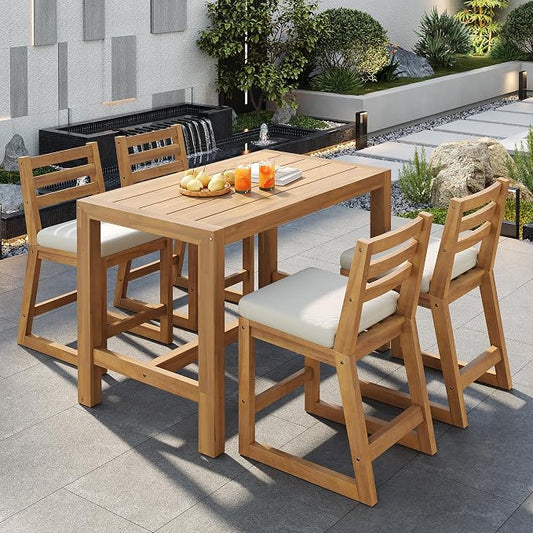WILLIAMSPACE 51.9" 5-Piece Outdoor Bar Table Set, Patio Acacia Wood Bar Height Table & 4 Chairs with Cushions, Solid Wood Outdoor Dining Bistro Bar Set for Poolside, Balcony, Backyard (Light Teak)