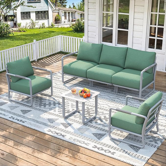 5-Seat Outdoor Aluminum Patio Sofa Set with Coffee Table, Deep Seating Conversation Set with 6.5" Cushions, Modern All-Weather Furniture for Garden, Balcony, Poolside, White