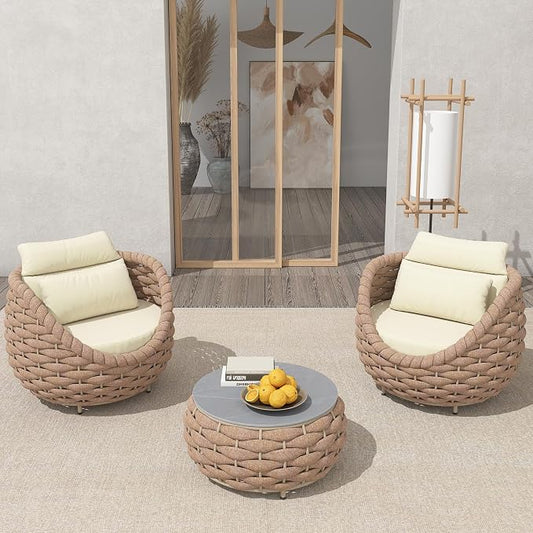 TWT 3 Pieces Aluminum Patio Furniture Set, Hand Woven Textilene Rope Outdoor Sofa Set w/Washable Cushion and Rock Slab Tabletop, Conversation Furniture for Livingroom Poolside Balcony (Light Brown)