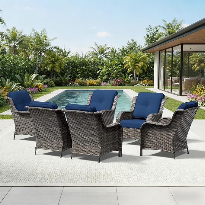 Joyside 6 Piece Wicker Patio Furniture Set, Rattan Patio Chairs with High Back, Deep Seating, Wide Armrest, Thickened Cushions, Outdoor Furniture for Deck, Porch Use