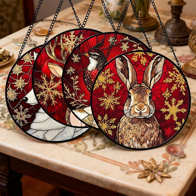 DASTOLL Stained Glass Window Hanging 4 Pcs Set Red Golden Snowflakes Large 15" - Christmas Elk Rabbit Suncatcher Door Garden Sun Catcher Decor Birthday for Mom Woman Nana Men