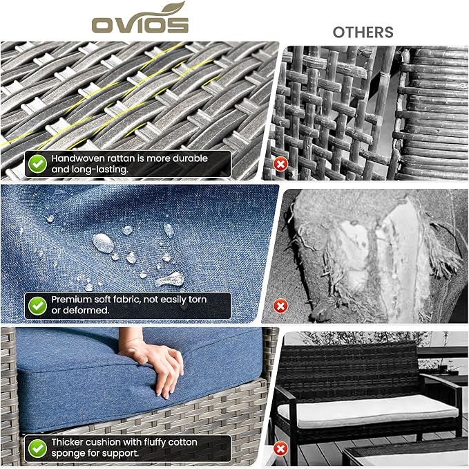 ovios 6 Pieces Patio Furniture Set, Outdoor Wicker Sofa Couch with Glass Table Comfy Cushions, All Weather Grey Rattan Conversation Set for Backyard Deck Porch, Denim Blue