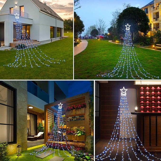 Christmas Decorations, Outdoor Christmas Lights, 320 LED Outdoor Christmas Tree String Lights with 12" Star Toppers [8 Modes& Waterproof] for Xmas New Year Holiday Decor (White)