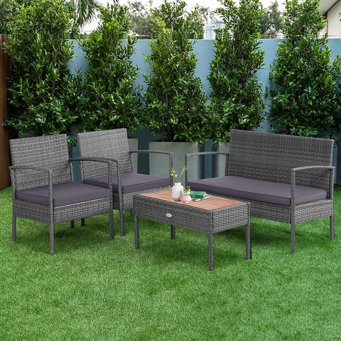Tangkula 4 Pieces Rattan Patio Conversation Set, Patiojoy Outdoor Wicker Sofa with Seat Cushions, Heavy-Duty Steel Frame, Acacia Wood Tabletop, Outdoor Furniture for Poolside, Deck, Garden
