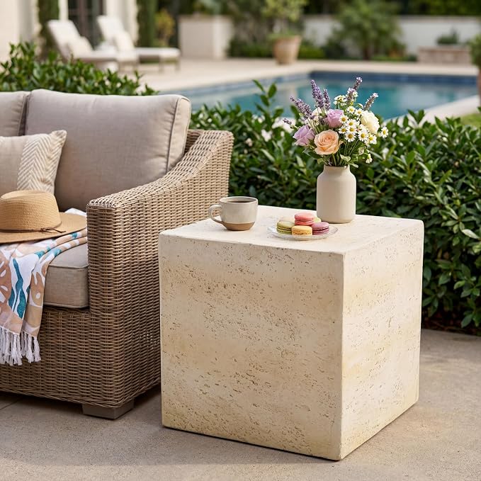 Square Outdoor Concrete Side Table,Patio End Table, Faux Travertine Stone Accent Table with for Indoor Outdoor, Garden Stool Coffee Table for Patio, Garden, Backyard - 16.34" Light Tan MgO